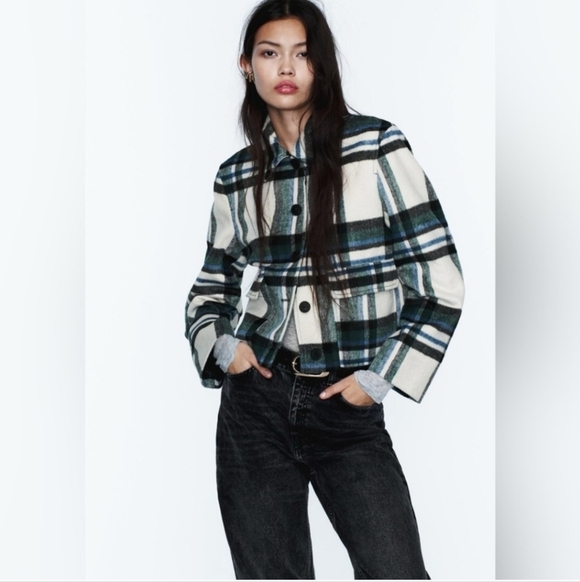 Zara Jackets & Blazers - New Zara Plaid Patch Pocket Ecru/Green Shacket Jacket NWT